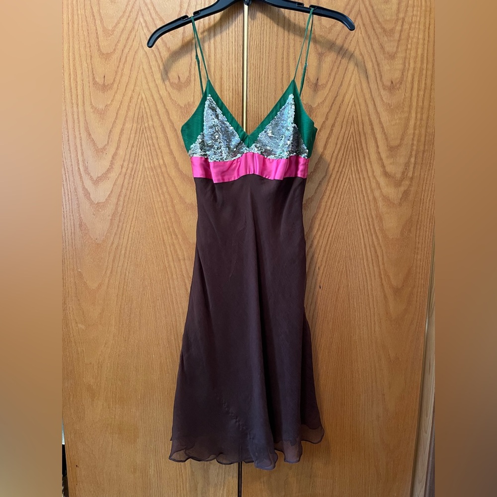 BCBGMaxAzria Silk Chiffon Green, Pink, and Brown Sequin Cocktail dress